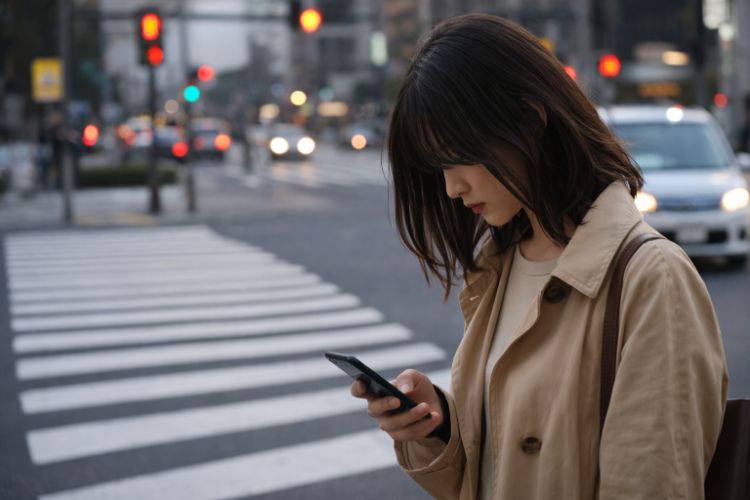 횡단보도에서 스마트폰을 보며 걷는 스몸비 보행자의 위험한 상황