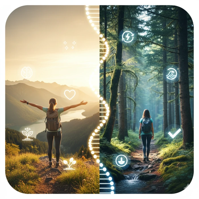 등산과 자연이 정신 건강에 긍정적인 영향을 주는 모습을 담은 썸네일 이미지입니다.