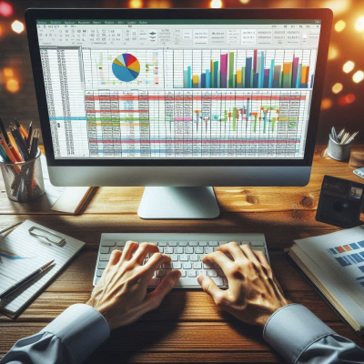 손이 키보드와 마우스를 사용하여 데이터 차트를 조작하는 장면을 보여주는 이미지입니다.