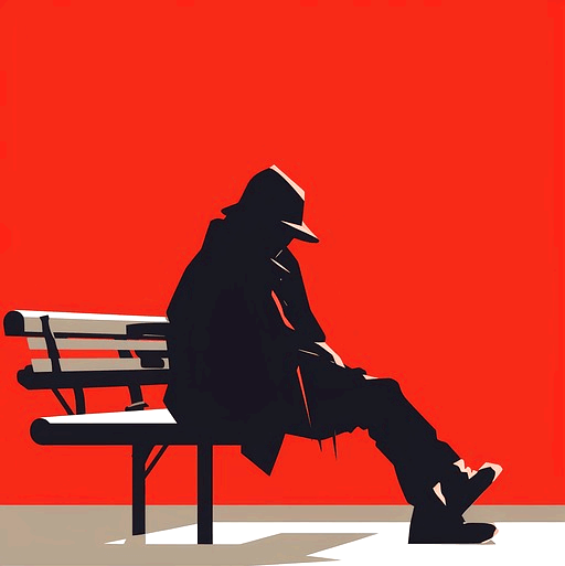 붉은색 바탕화면에 갈색 벤치가 있고 벤치에 노숙자가 앉아있는 그림이다.