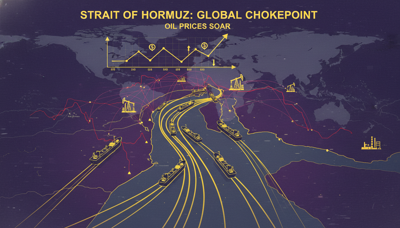 호르무즈 해협 지도가 유조선과 유가 급등을 상징하는 시각적 요소와 함께 표시되어 글로벌 에너지 안보의 핵심 역할을 강조합니다.