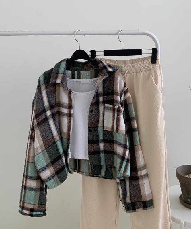 포근 타탄 체크 크롭 박시 셔츠남방