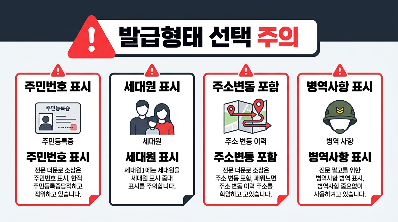 주민등록등본 발급형태 선택 주의사항
