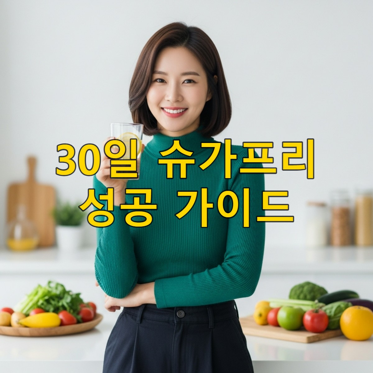 환하게 웃으며 레몬 물을 들고 있는 한국인 여성. 건강하고 상쾌한 느낌을 준다.