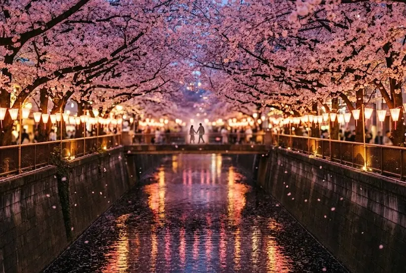 도쿄 메구로강 벚꽃 야간 라이트업 야경