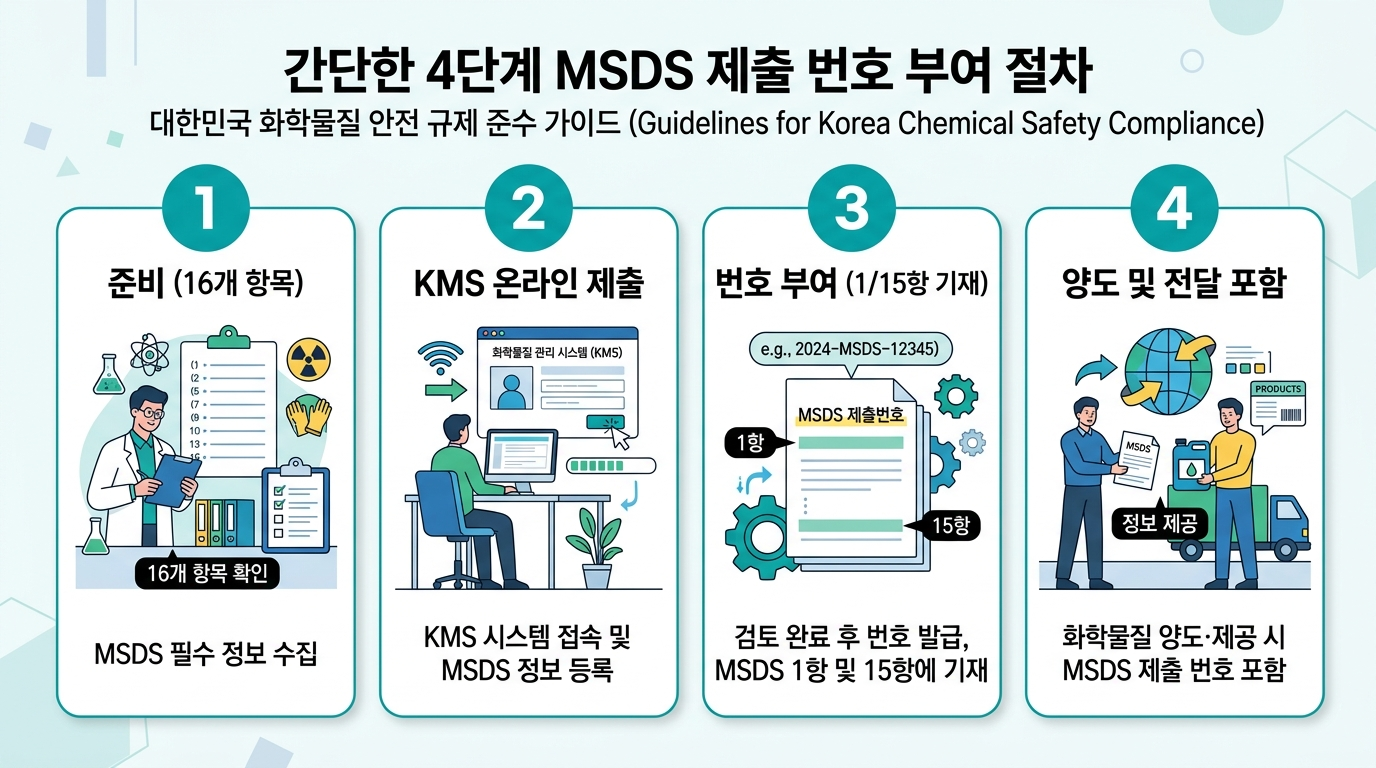 MSDS 제출번호 취득 4단계 절차 &mdash; 작성&middot;KMS제출&middot;번호기재&middot;양도제공 흐름도