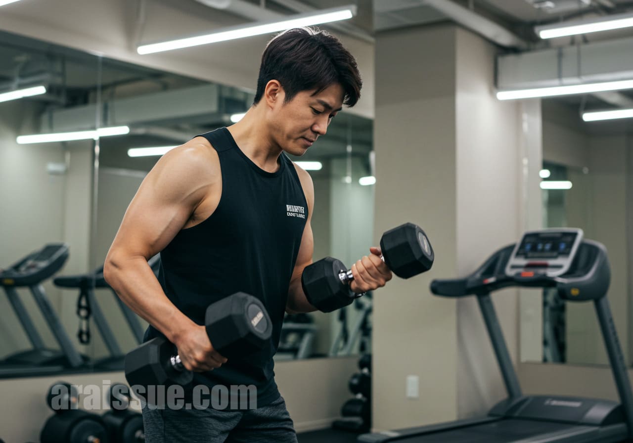 헬스장에서 근육 운동에 집중하는 남성의 모습