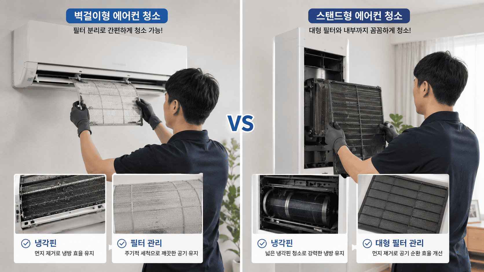 벽걸이형과 스탠드형 에어컨의 차이점과 청소 방법