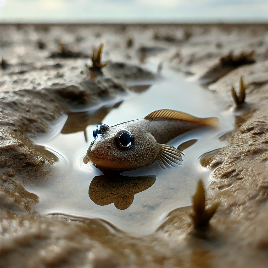 작고 둥근 몸체를 가진 망둥어(Mugilogobius abei)가 갯벌 위에서 휴식 중인 모습. 갯벌은 얕은 물결과 작은 수생 식물들로 둘러싸여 있으며, 망둥어는 갈색과 회색이 섞인 진흙 바닥과 비슷한 색으로 위장하고 있다. 배경에는 넓은 갯벌과 약간 흐린 하늘이 펼쳐져 있다.