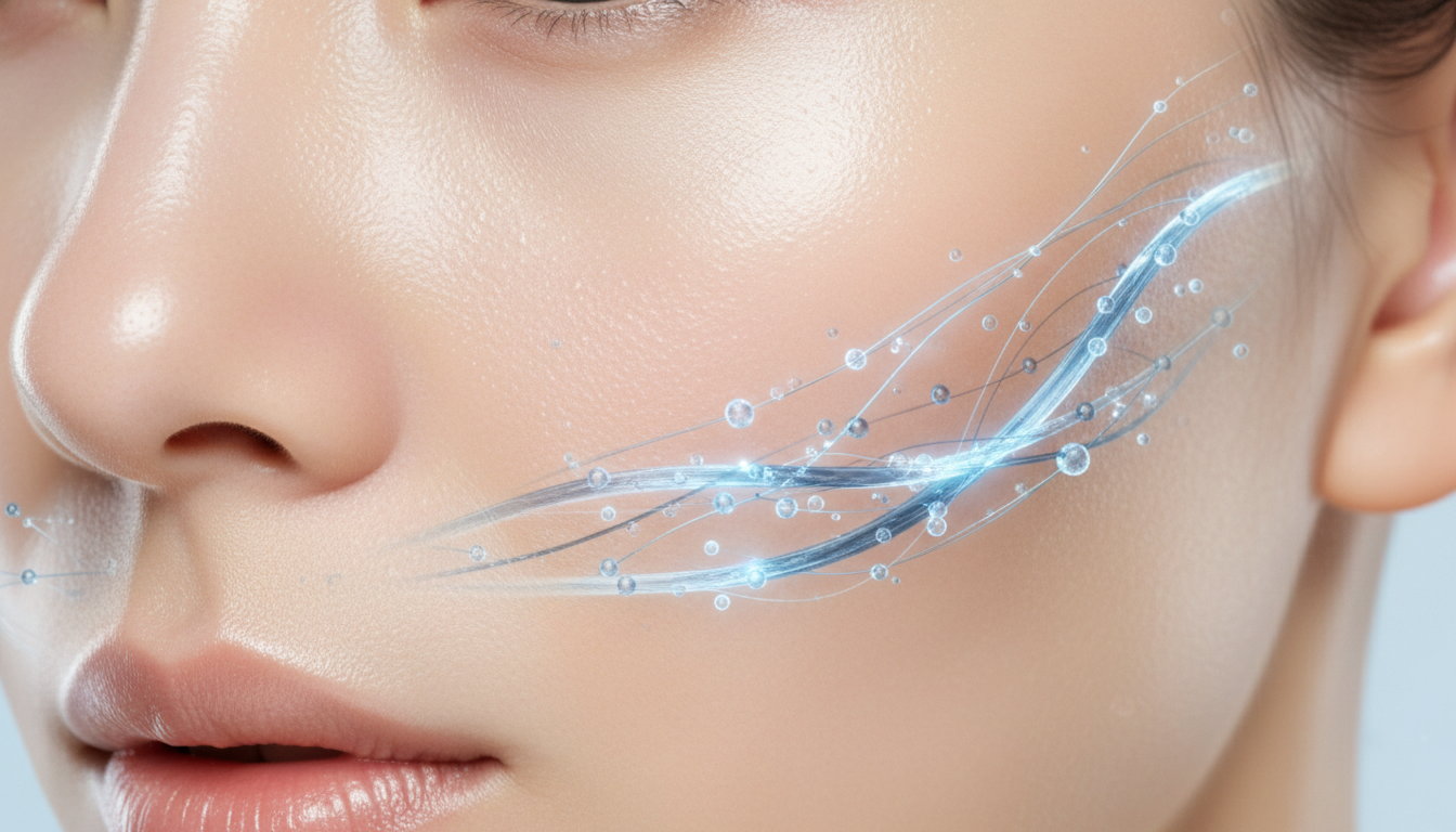 콜라겐과 엘라스틴 섬유가 활성화되어 건강하게 빛나는 피부 클로즈업. 태반주사의 피부 미용 효과를 상징합니다.