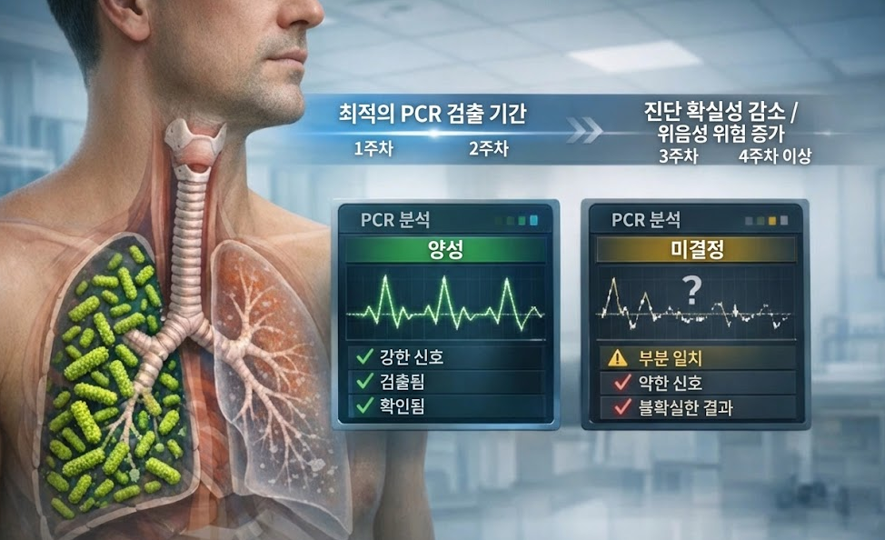 백일해 PCR 검출 유효 기간과 시기별 결과 차이를 보여주는 의료 시각화, 위음성 위험 증가 설명