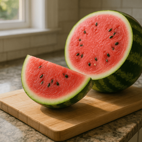 도마 위 수박 조각과 통수박