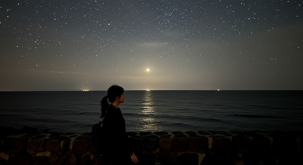 제주 밤바다를 바라보며 고요히 휴식하는 한국인 여성의 실루엣