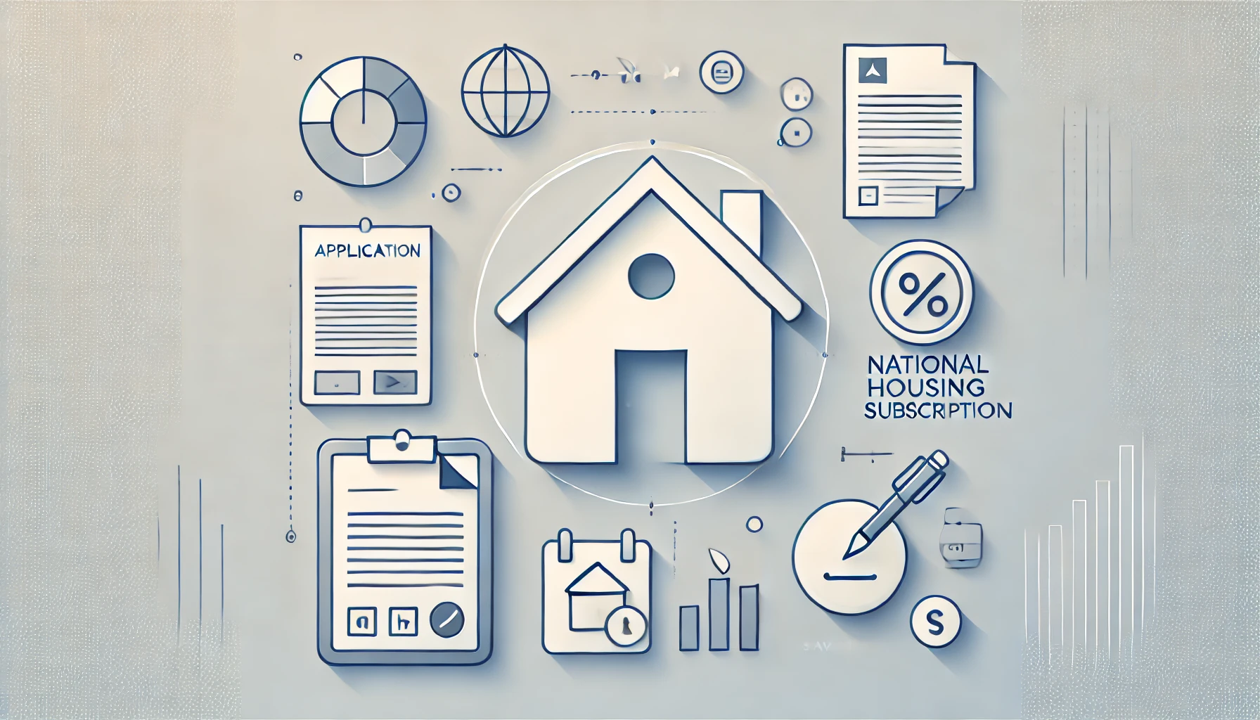 회색 배경에 가운데 흰색 원 안에 주택 모양 아이콘이 보입니다. 이를 중심으로 신청서, 지구본 모양, 달력, 그래프 등 다양한 아이콘이 둘러싸고 있습니다.