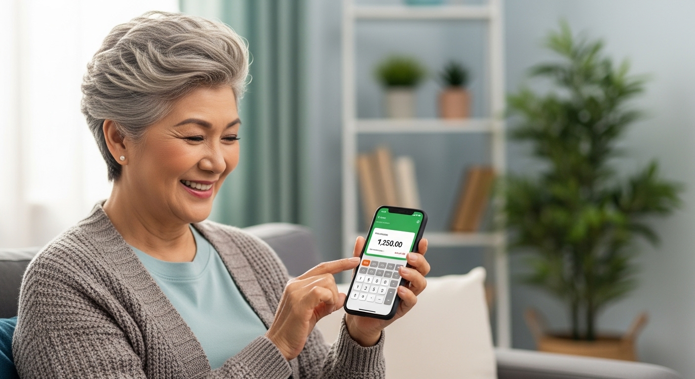 스마트폰으로 기초연금 모의계산 결과를 확인하고 미소 짓는 60대 여성