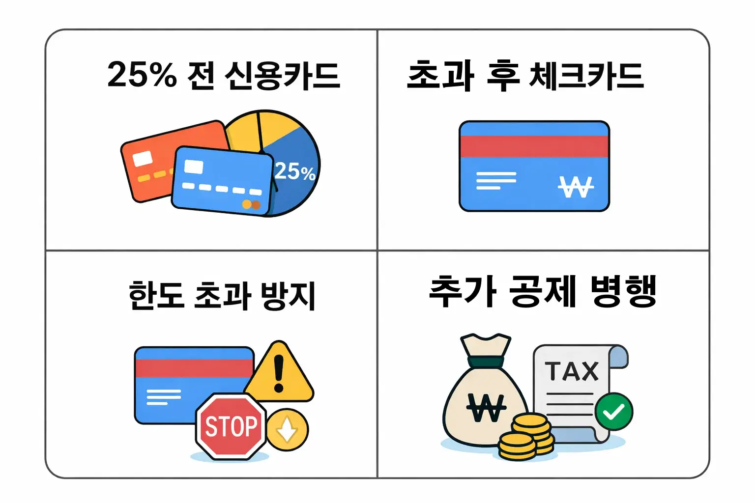 체크카드 연말정산 한도 초과를 방지하기 위한 신용카드 병행 사용 전략과 추가 공제 활용 흐름을 이해하기 쉽게 구성한 이미지입니다