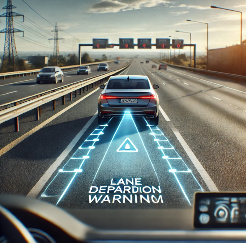 자동차가 차선 이탈 경고를 하기 위해 차선을 감지하는 모습