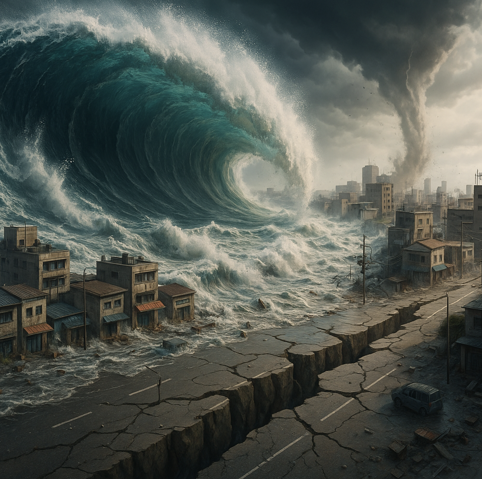Massive tsunami wave and earthquake tearing through a coastal city, showing natural disaster destruction and urban chaos