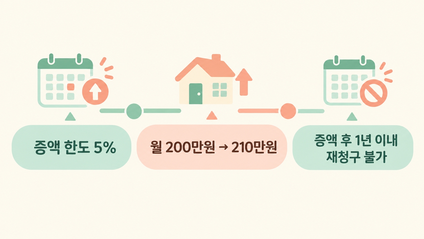 임대료 증액 한도 인포그래픽 - 5%, 월 200만원에서 210만원, 증액 후 1년 이내 재청구 불가