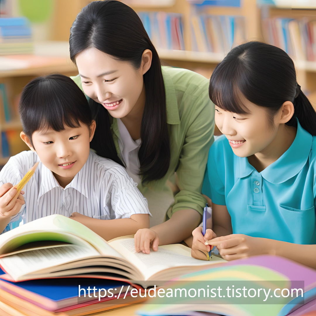 아이들과 함께 책을 읽는 여자