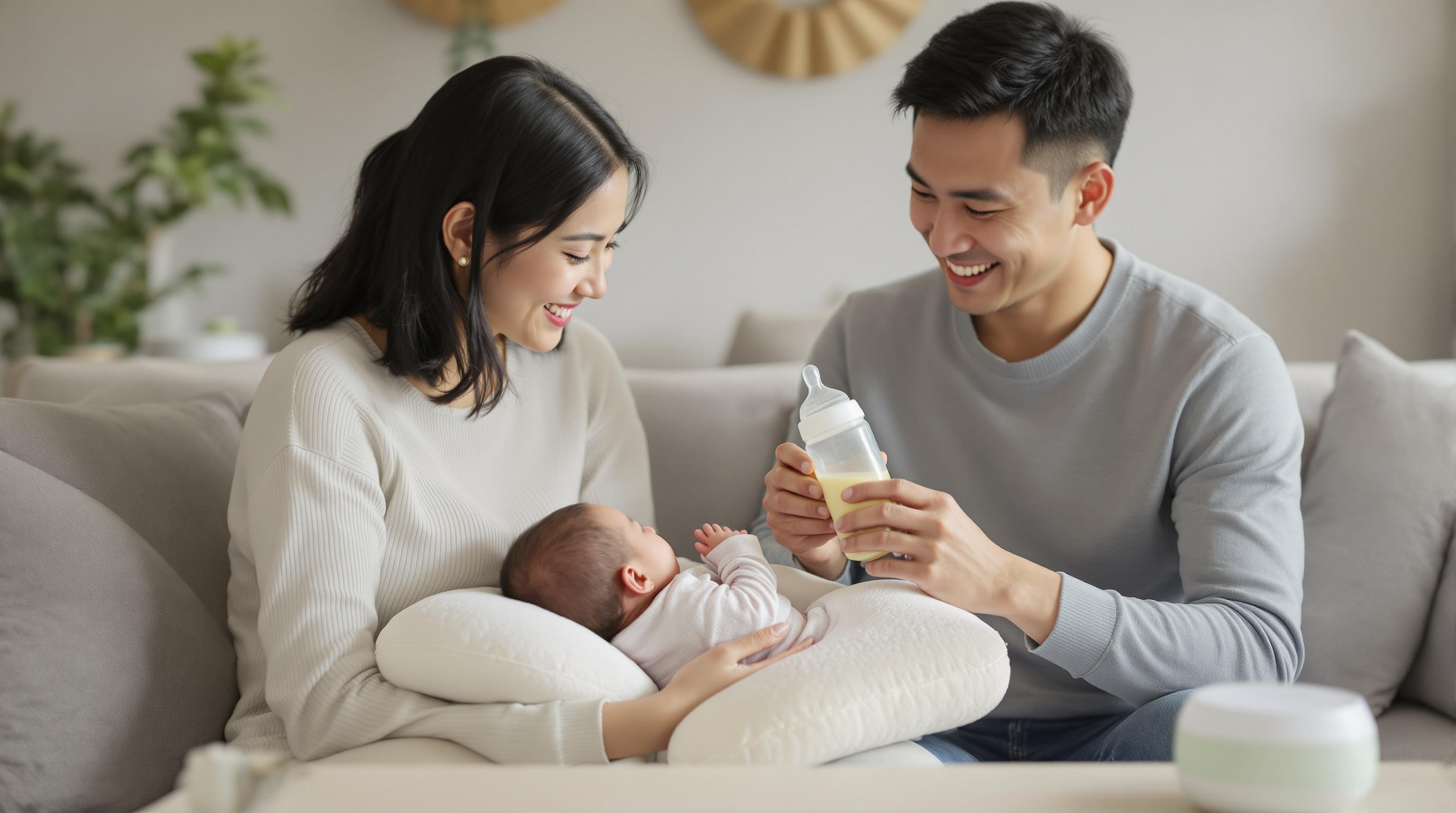 부부가 아기에게 분유를 수유하는 모습