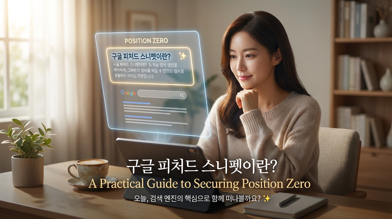 Alt 태그: 구글 피처드 스니펫(Featured Snippets)과 포지션 제로(Position Zero)의 개념을 학습하는 여성이 태블릿과 홀로그램 화면을 활용하는 모습

상세 묘사: 따뜻한 실내 분위기에서 한 여성이 태블릿을 통해 '구글 피처드 스니펫이란?'이라는 주제의 홀로그램 가이드를 시청하고 있습니다. 검색 엔진 최적화의 핵심인 포지션 제로 선점 전략을 시각적으로 강조한 인트로 이미지입니다.