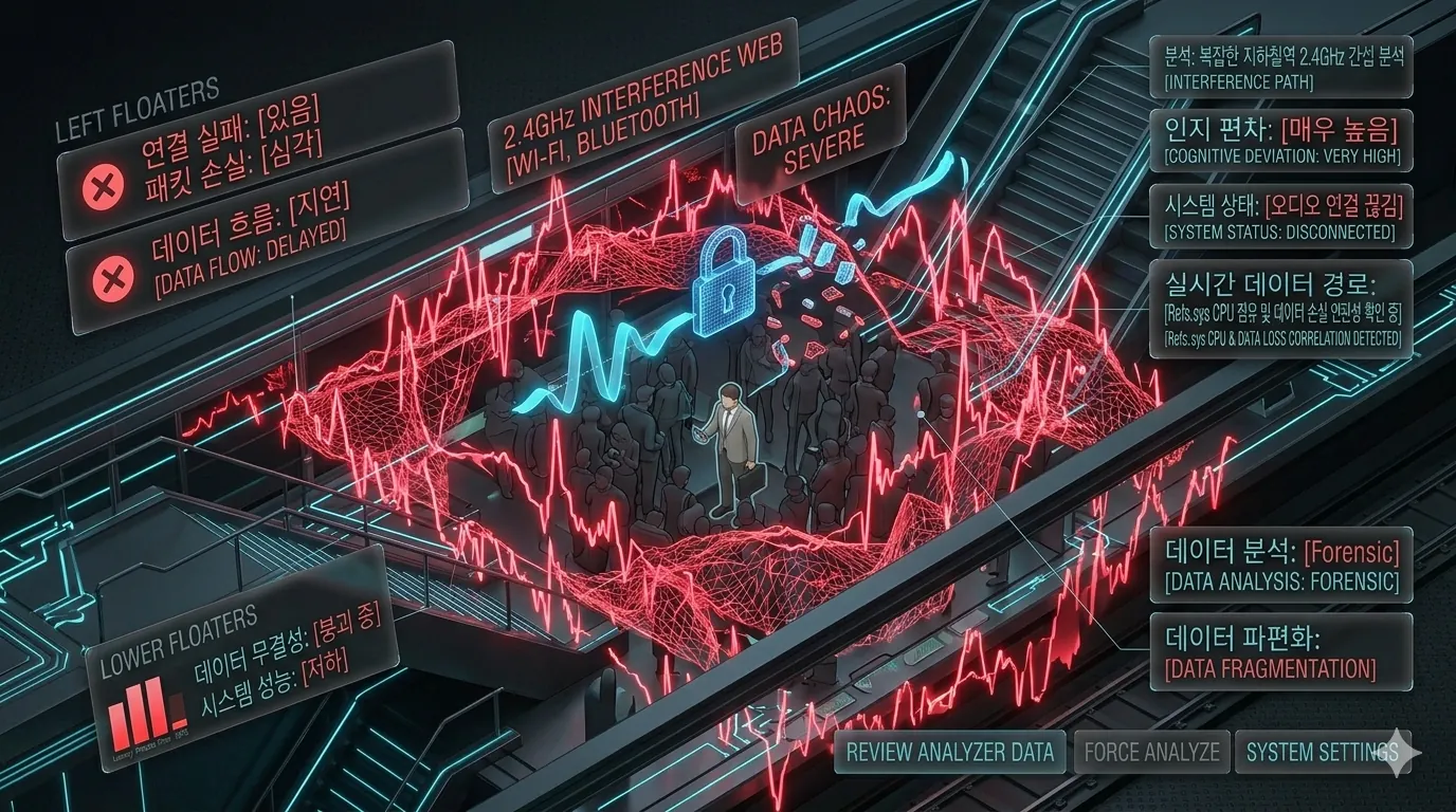 Isometric technical visualization of 2.4GHz radio interference in a crowded subway station fragmenting LE Audio streams.