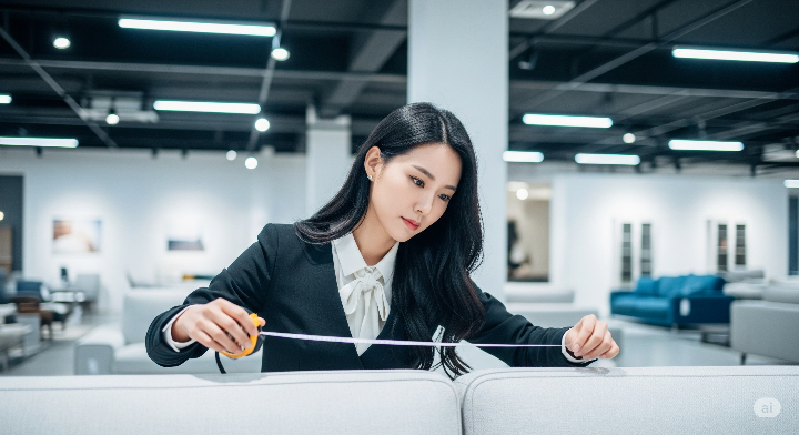 쇼룸에서 가구 크기를 가늠해보는 여성