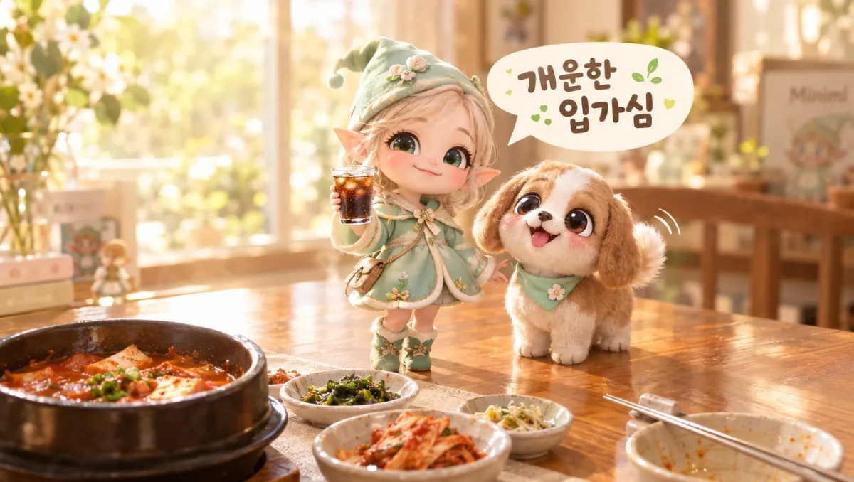 한국식 매콤하고 짭짤한 식사 후 깔끔한 아이스 아메리카노로 입안을 산뜻하게 정돈하는 미니미 판타지 일러스트