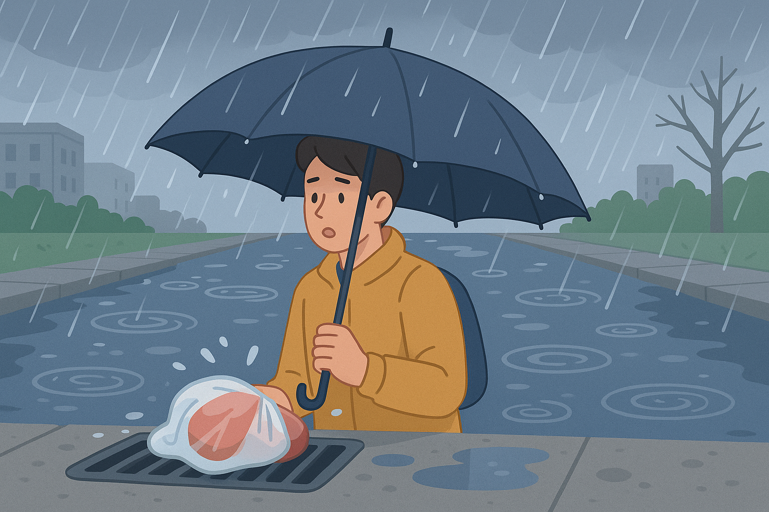 장마철 물이 고인 인도와 우산을 든 사람