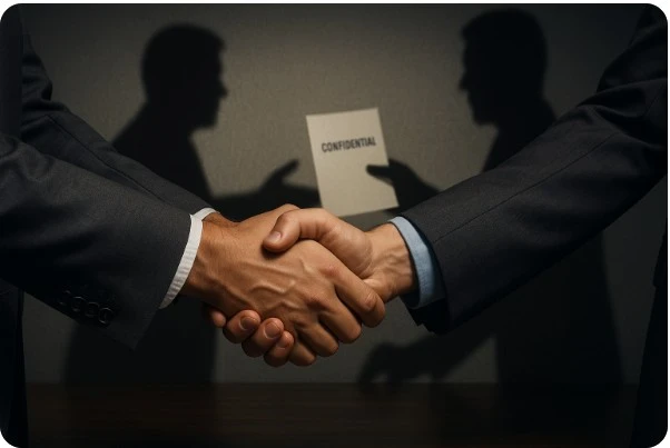 악수 뒤 그림자 속에서 비밀 서류를 주고 받는 장면