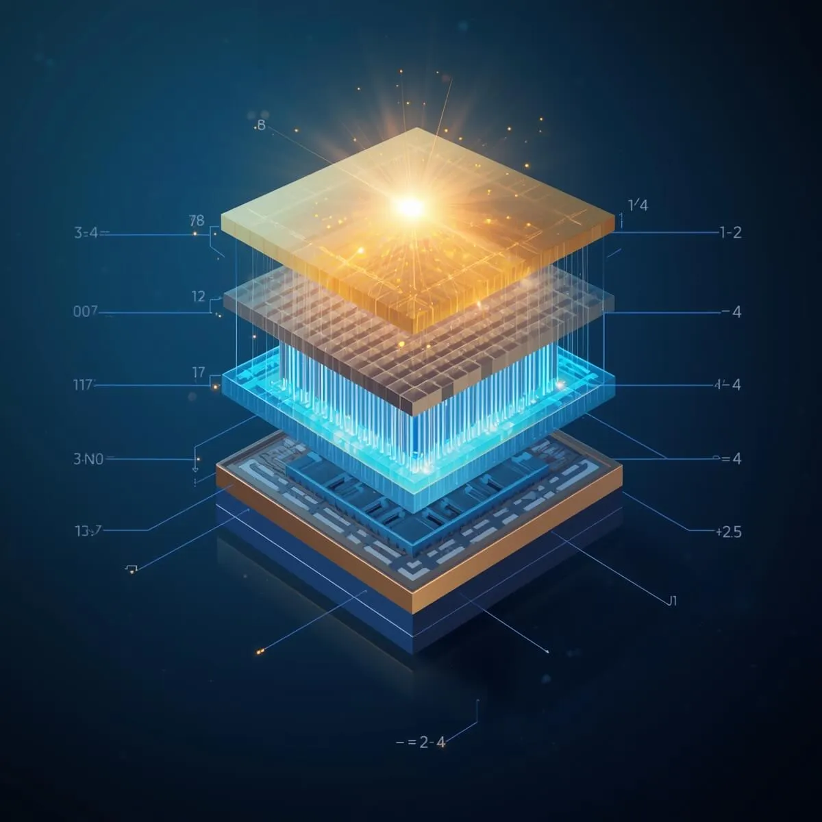 사이퀀텀(PsiQuantum): 사이퀀텀 Omega 칩셋의 내부 구조를 보여주는 기술 단면도. 위에서 아래로 ①단일 광자 광원(99.8% 순도), ②실리콘 나이트라이드 도파로(99.999% 충실도), ③바륨 티타네이트 BTO 스위치(나노초급 스위칭), ④초전도 SNSPD 검출기(99.98% 충실도)가 배치되어 있으며, 시안색 빛줄기가 각 레이어를 통과하는 모습을 표현함 (PsiQuantum Omega chipset photon source waveguide BTO switch SNSPD detector architecture)