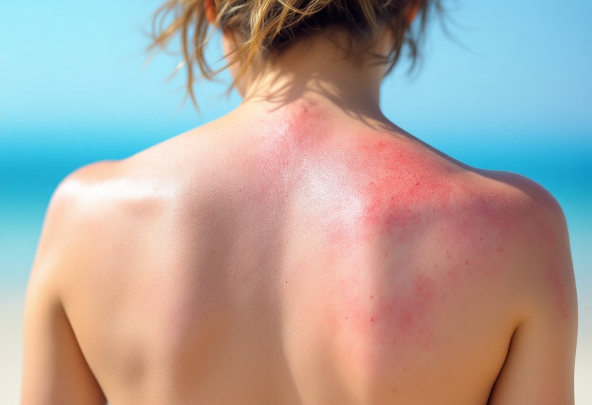 강한 햇볕에 붉게 그을린 일광화상 피부