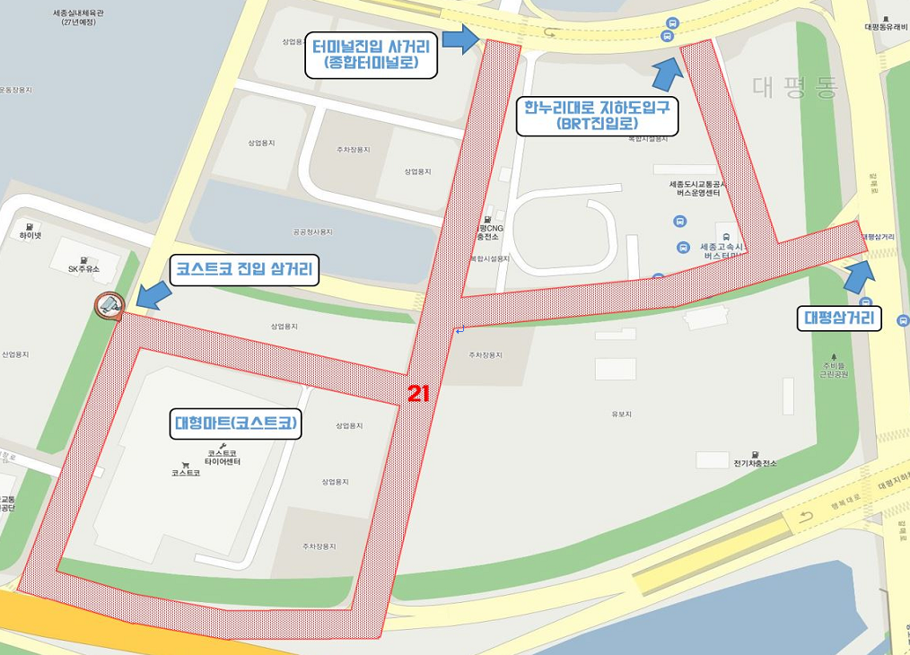대형마트 코스트코, 세종고속시외버스터미널 주변. 터미널진입사거리대평삼거리합누리대로 지하도 입구까지 붉은 점선 단속.