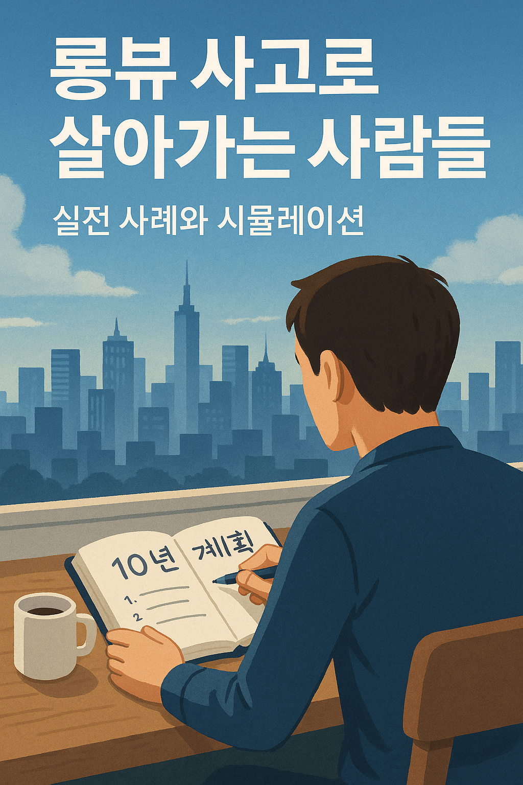 도시 전경을 배경으로 10년 계획 노트를 작성 중인 남성의 뒷모습 &ndash; 롱텀 사고와 실전 사례 시뮬레이션을 상징하는 일러스트 이미지