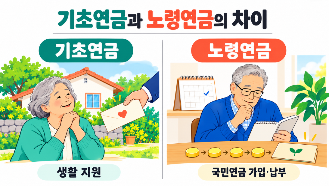 2026년 기초연금 최대 349,700원, 선정기준액 단독 247만 원&middot;부부 395만 2천 원. 기초연금과 노령연금의 차이, 수급개시연령, 조기&middot;연기 수령, 연계감액, 신청 방법까지 표로 정리했습니다.