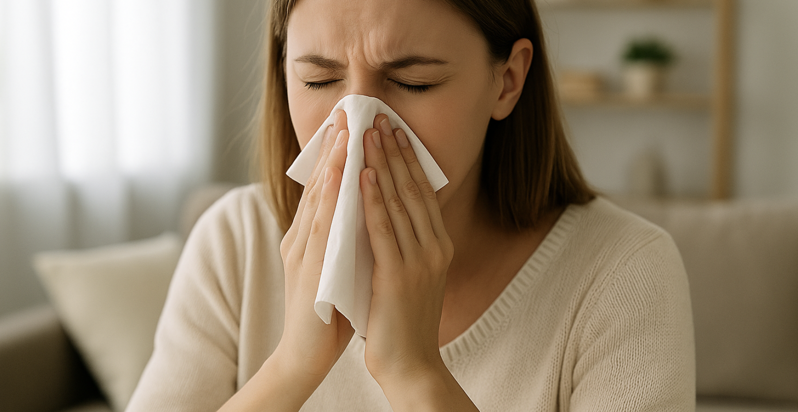 휴지로 코를 막고 재채기하는 여성 사진