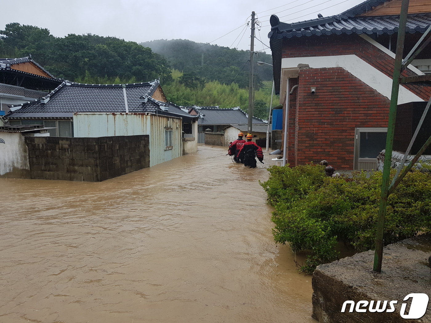 전북 정읍시 칠보면의 원촌마을. 인근 소하천이 범람하면서 마을이 물에 잠겼다. 고령의 마을 주민들을 대피시키기 위해 119대원들이 마을로 들어가고 있다.(전북소방본부 제공)2021.7.7/© 뉴스1