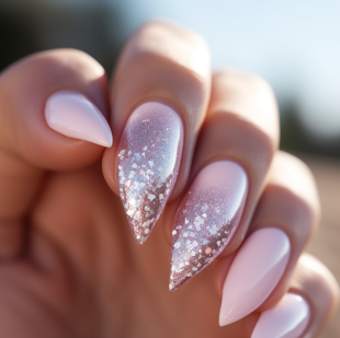 핑크색 바비 스타일 네일아트, 글리터 디테일이 있음