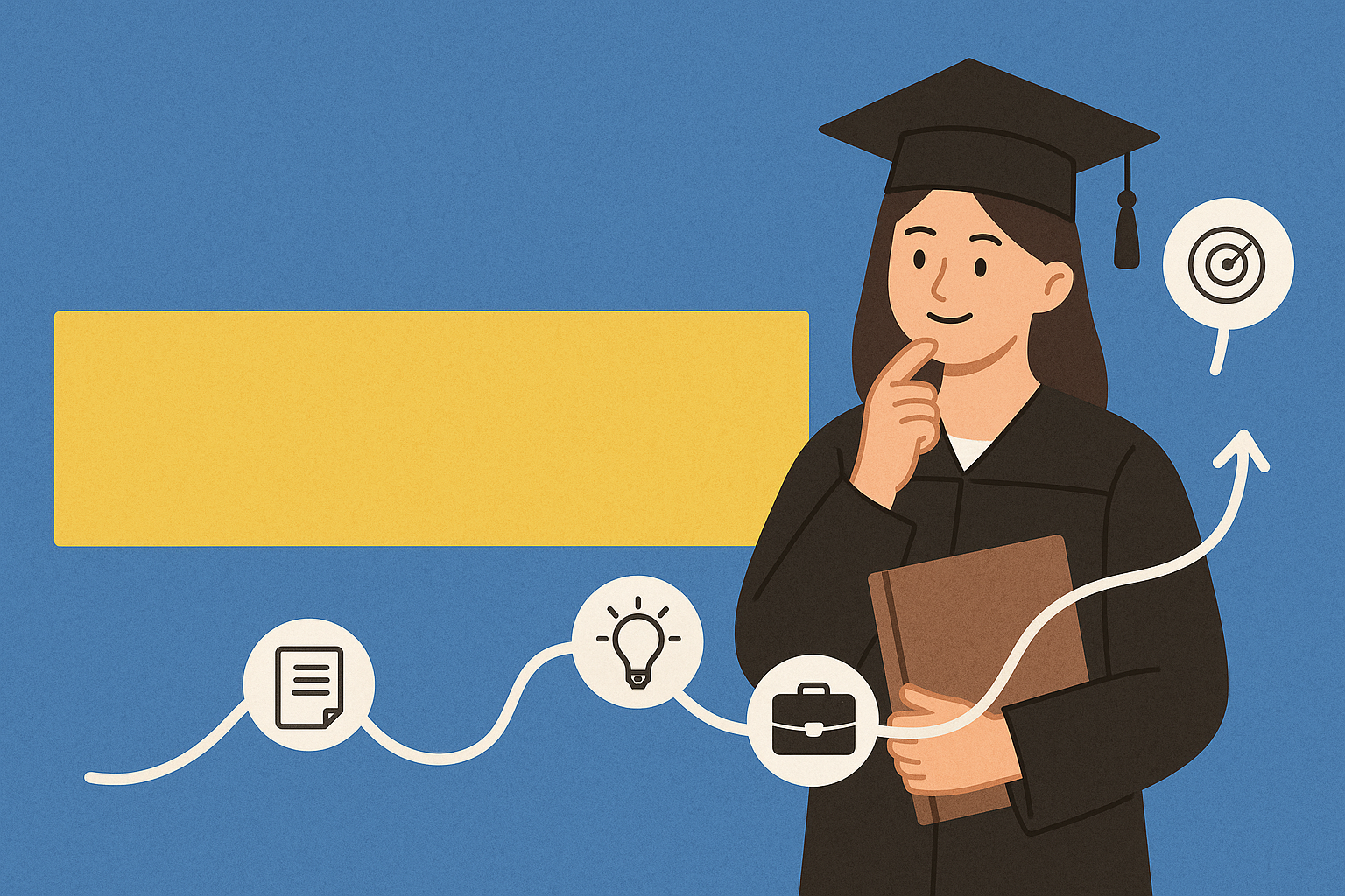 졸업가운-학사모-여학생-생각하는표정-책들고있음-파란배경-커리어로드맵-문서아이콘-전구아이콘-서류가방아이콘-과녁아이콘-노란배너