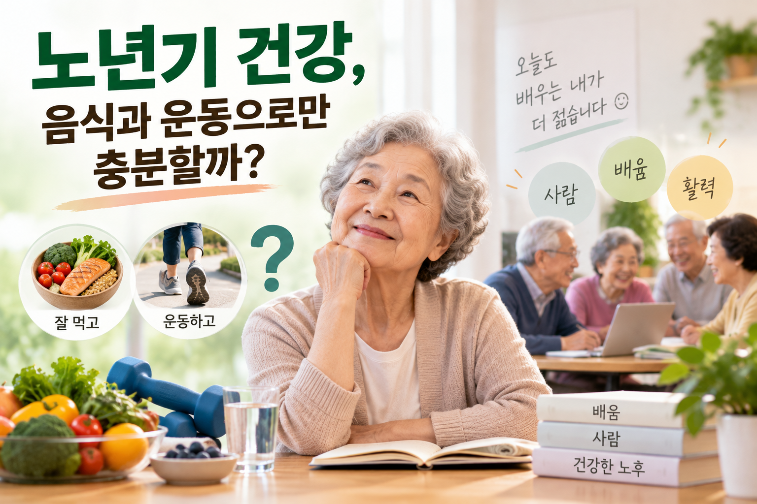 노년기 건강을 위해 음식과 운동뿐 아니라 사람과의 교류와 배움도 중요하다는 내용을 표현한 AI 이미지