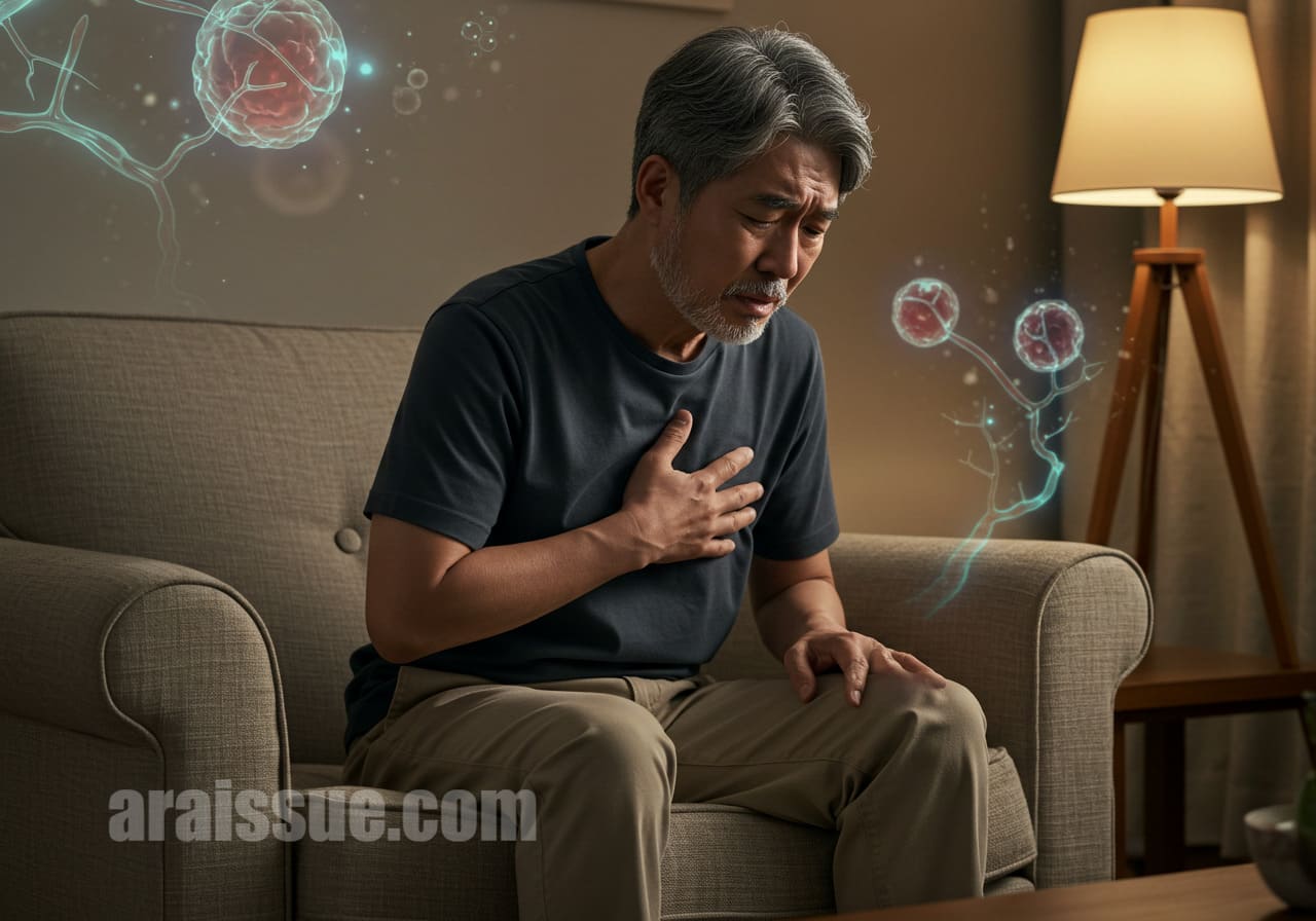 중년 남성이 만성 염증 증상으로 가슴을 짚고 걱정하는 장면