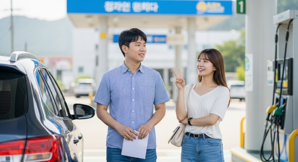 주유소에서 차량 옆에 선 청년