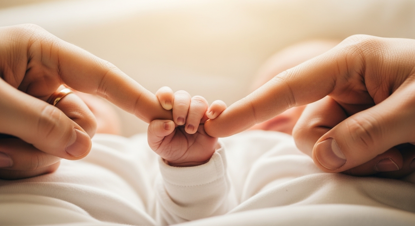 갓 태어난 아기의 손을 부모가 함께 따뜻하게 감싸 쥐고 있는 희망적인 모습
