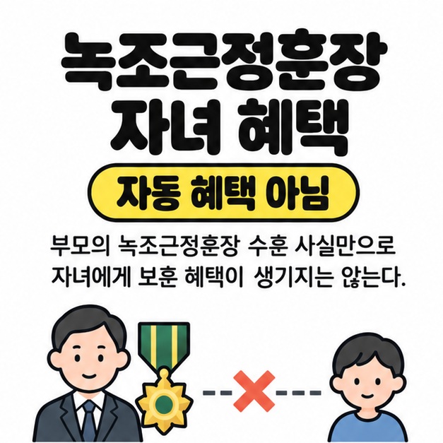 녹조근정훈장 자녀 혜택 제목과 부모 및 자녀 사이의 끊어진 연결로 수훈만으로 보훈 혜택이 생기지 않음을 설명하는 썸네일