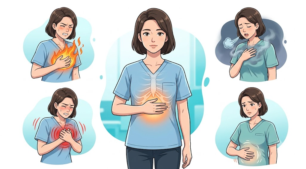 가슴뼈 아래와 윗배 중앙의 명치 위치 및 쓰림, 답답함, 압박감, 더부룩함 등 다양한 불편감 양상을 나타낸 일러스트