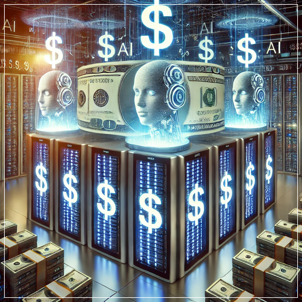대량의 데이터를 처리하는 AI 서버룸. 높은 연산 비용을 상징하는 달러 기호와 에너지 소비량이 강조된 이미지