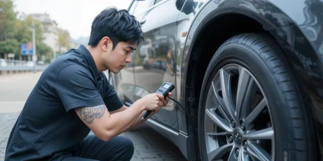 차량 옆에서 공기압 게이지를 사용해 직접 공기압을 측정하는 모습