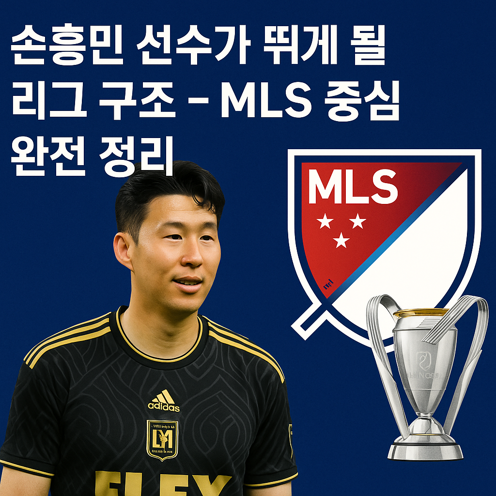 손흥민 선수가 LAFC 유니폼을 입고 MLS 로고와 트로피 옆에 서 있는 이미지