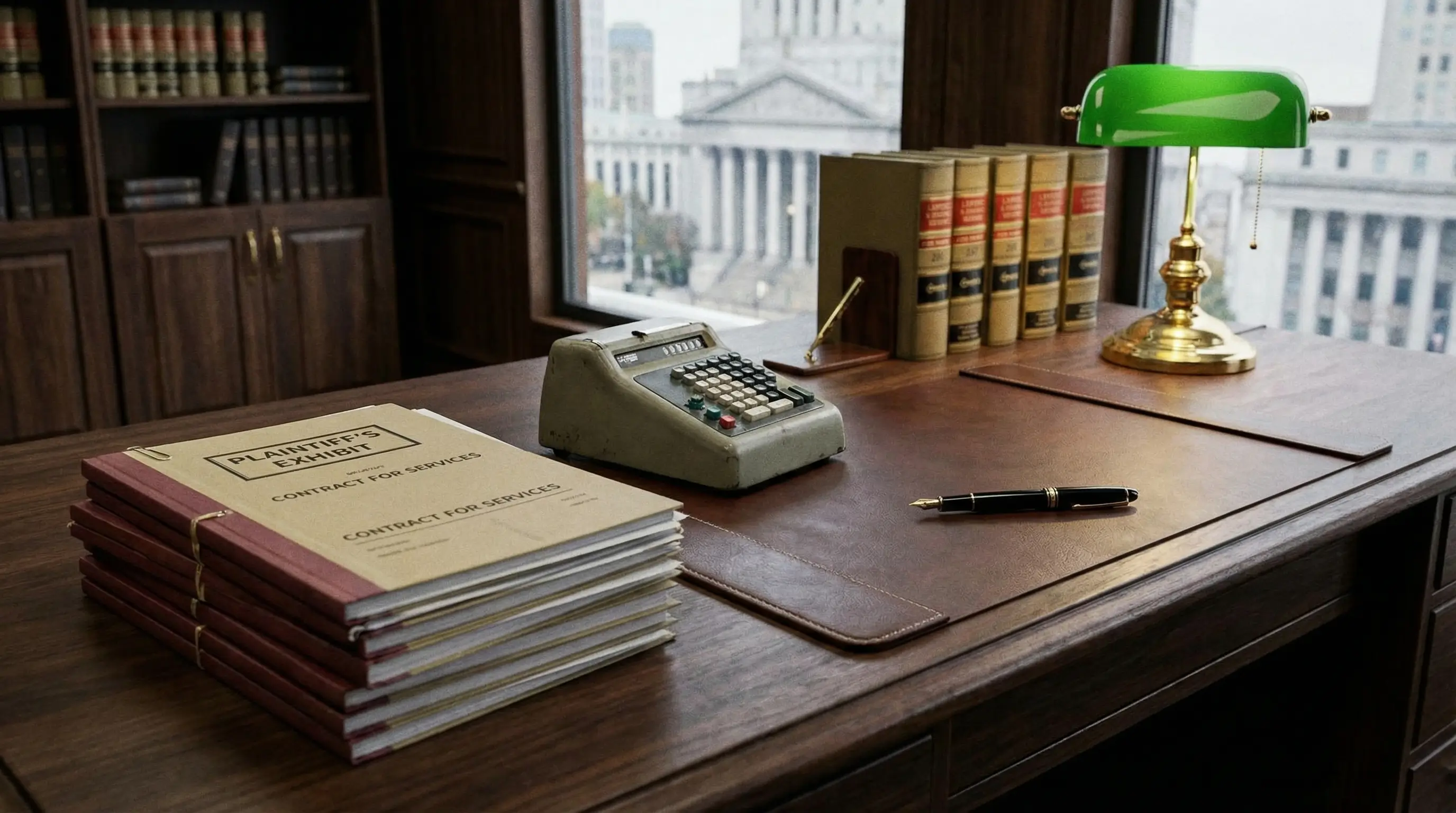 전문적인 법률 서류와 계산기 그리고 만년필이 놓여있는 책상 이미지